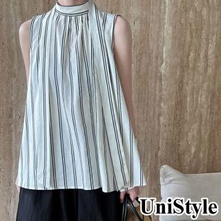【UniStyle】無袖襯衫 韓版條紋立領系帶高級感背心上衣 女 UV3218(條紋)