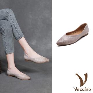 【Vecchio】真皮跟鞋 低跟跟鞋/真皮頭層牛皮尖頭V口格子壓紋軟底低跟鞋(米)
