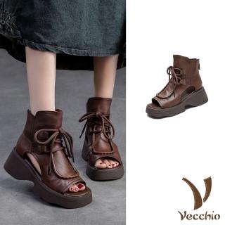 【Vecchio】真皮涼鞋 厚底涼鞋/真皮頭層牛皮立體縫線滾邊繫帶厚底羅馬涼鞋(咖)