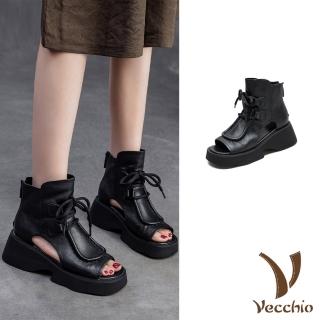 【Vecchio】真皮涼鞋 厚底涼鞋/真皮頭層牛皮立體縫線滾邊繫帶厚底羅馬涼鞋(黑)