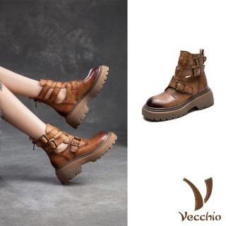 【Vecchio】真皮馬丁靴 粗跟馬丁靴/真皮頭層牛皮時尚縷空釦帶設計厚底粗跟馬丁靴 涼靴(黃)