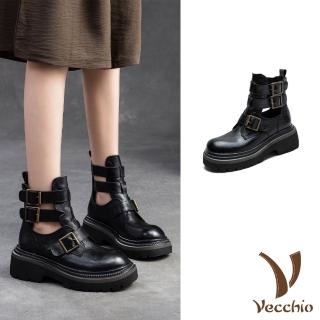 【Vecchio】真皮馬丁靴 粗跟馬丁靴/真皮頭層牛皮時尚縷空釦帶設計厚底粗跟馬丁靴 涼靴(黑)