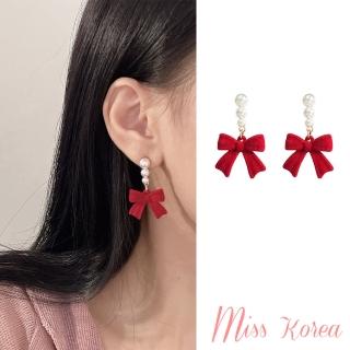 【MISS KOREA】無耳洞耳環 耳夾 夾式耳環 蝴蝶結耳環/韓國設計浪漫珍珠植絨蝴蝶結造型夾式耳環(2色任選)