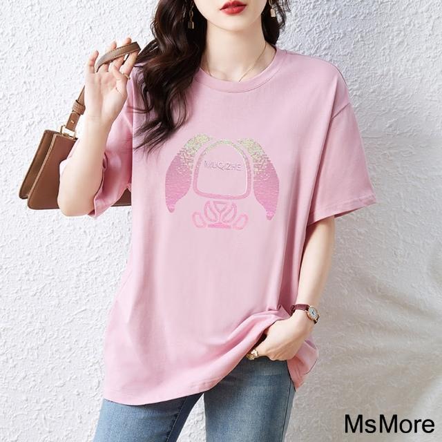 【MsMore】卡通亮片粉色兔子刺繡圓領純棉大碼短袖t恤中長上衣#121534(粉紅)