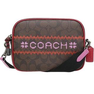 【COACH】紅x深咖啡PVC粉紅刺繡印花LOGO小款單拉鍊相機斜背包