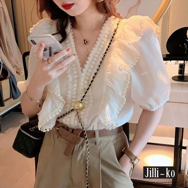 【JILLI-KO】法式蕾絲拼接設計感短袖襯衫-F(白)