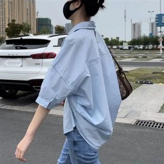 【JILLI-KO】韓版寬鬆時尚設計感開衩泡泡袖襯衫-F(黑/藍)