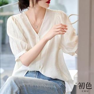 【初色】V領輕薄純色短袖襯衫上衣-米白色-34085(M-2XL可選/現貨+預購)