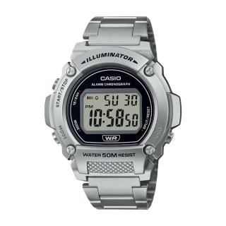 【CASIO 卡西歐】電子錶 不鏽鋼錶帶 防水50米 鬧鈴碼錶 LED背光 W-219H(W-219HD-1A)