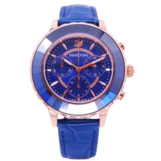 【SWAROVSKI 施華洛世奇】施華洛世奇SWAROVSKI 水晶的絢麗身段三眼時尚優質腕錶-藍-5563480
