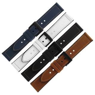 【Watchband】20.22 mm / 各品牌通用 經典復刻 黑鋼扣 外層真皮 內層橡膠錶帶(黑/白/深藍/棕色)