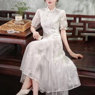 【初色】復古立領碎花刺繡收腰顯瘦旗袍式連身裙洋裝-白色-34045(M-XL可選)