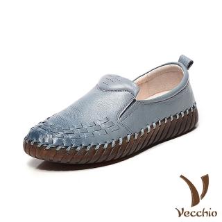 【Vecchio】真皮休閒鞋 牛皮休閒鞋/全真皮頭層牛皮編織線條舒適軟底休閒鞋(灰)