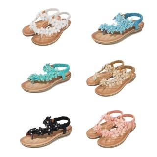 【Taroko】花朵裝飾海灘風大尺碼夾腳平底鬆緊涼鞋(6色可選)