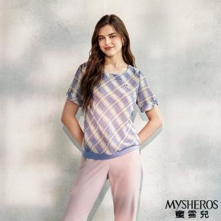 【MYSHEROS 蜜雪兒】造型雪紡上衣 格紋愛心鑽飾 袖袢反折扣設計(紫)