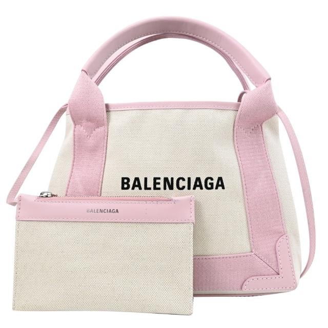 【Balenciaga 巴黎世家】NAVY CABAS XS 經典品牌LOGO棉麻布手提斜背兩用包(白粉)
