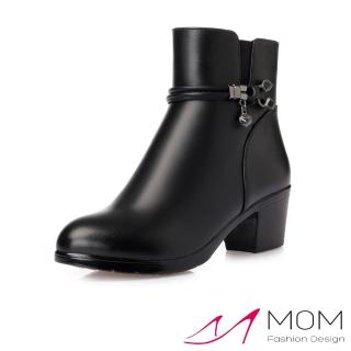 【MOM】真皮短靴 粗跟短靴/真皮質感牛皮線繩方晶釦飾粗跟短靴(黑)