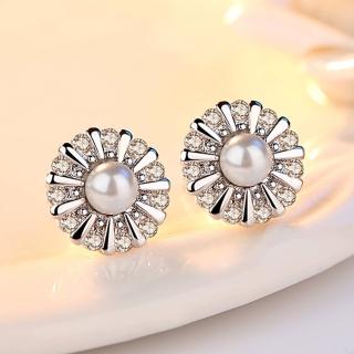 【Emi 艾迷】韓系日出光影綻放珍珠向日葵鋯石 925銀針 耳環