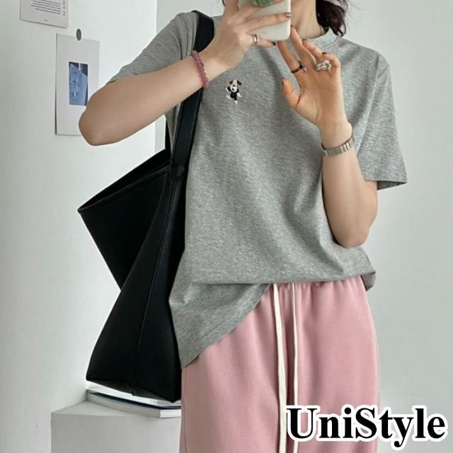 【UniStyle】短袖圓領T恤 韓版法式復古小狗刺繡上衣 女 UP1621(花灰)
