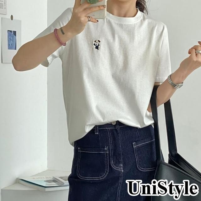 【UniStyle】短袖圓領T恤 韓版法式復古小狗刺繡上衣 女 UP1621(白)