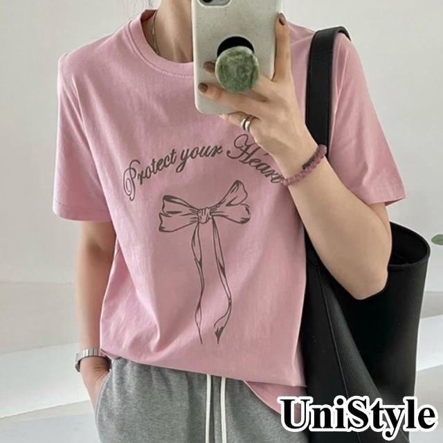 【UniStyle】短袖圓領T恤 韓版蝴蝶結飄帶印花上衣 女 UP1680(粉)