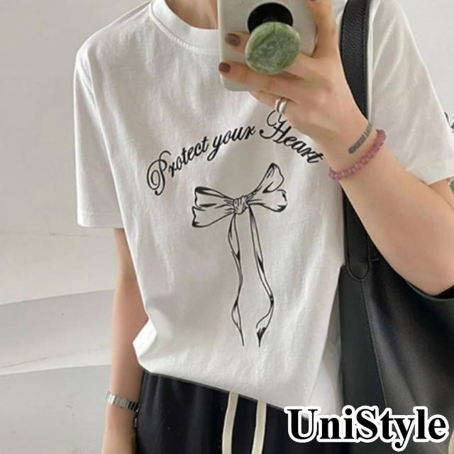 【UniStyle】短袖圓領T恤 韓版蝴蝶結飄帶印花上衣 女 UP1680(白)