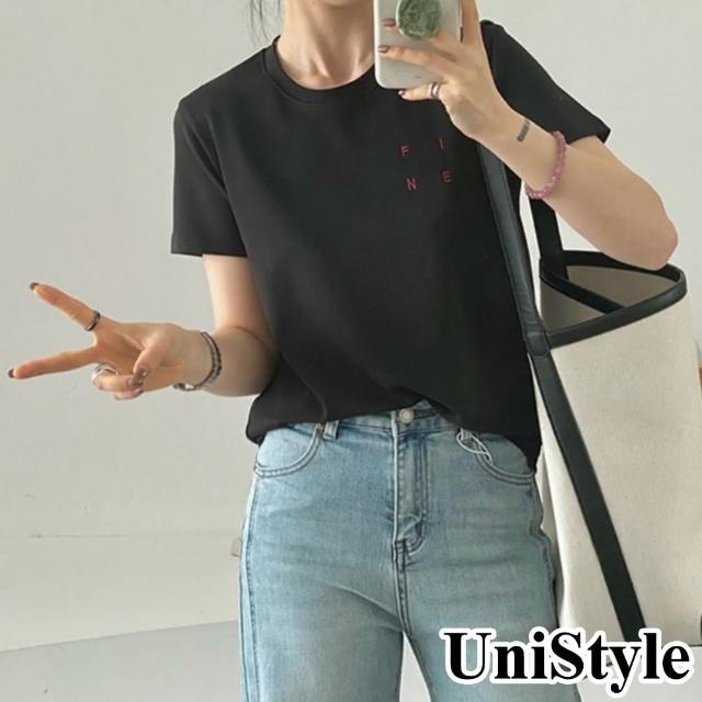 【UniStyle】短袖圓領T恤 韓版FINE字母刺繡上衣 女 UP1654(黑)
