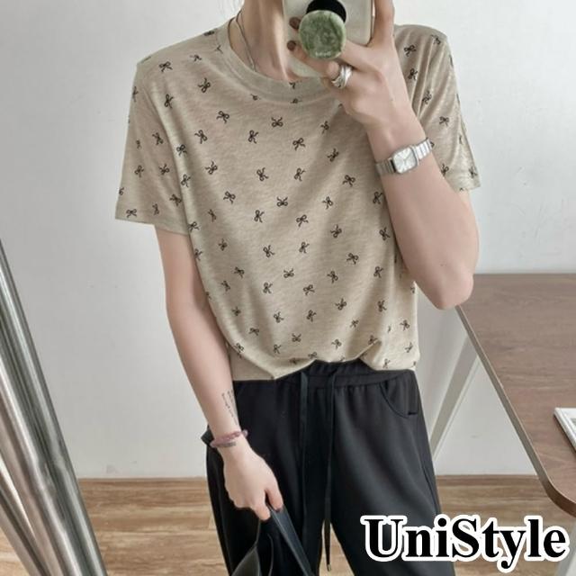 【UniStyle】短袖圓領T恤 韓版天絲面膜滿版蝴蝶結上衣 女 UP1748(米)