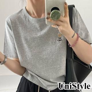 【UniStyle】短袖圓領T恤 韓版刺繡蝴蝶結字母上衣 女 UP1601(花灰)