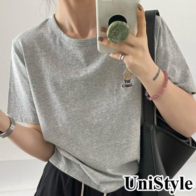 【UniStyle】短袖圓領T恤 韓版刺繡蝴蝶結字母上衣 女 UP1601(花灰)