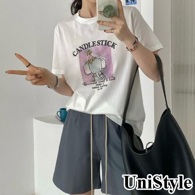 【UniStyle】短袖圓領T恤 韓版油畫小象印花上衣 女 UP1624(白)