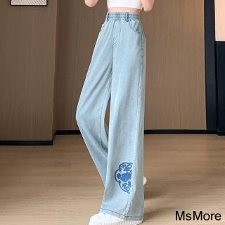 【MsMore】新款天絲感牛仔褲國風刺繡直筒窄版休閒闊腿長褲#121785(藍)