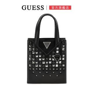 【GUESS】金屬LOGO時尚造型皮革手提袋(黑)