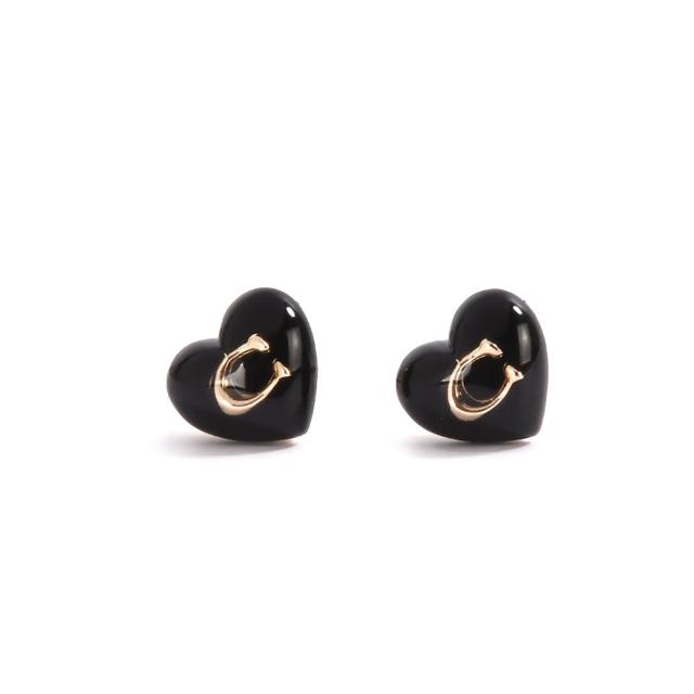 【COACH】愛心琺瑯內鑲C字LOGO造型穿式耳環(-黑色)