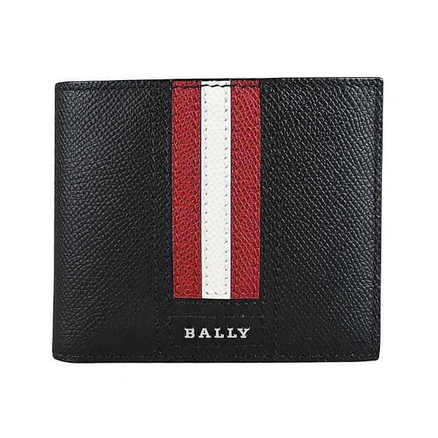 【BALLY】TONETT銀色金屬LOGO紅白條紋荔枝紋牛皮5卡短夾(黑)