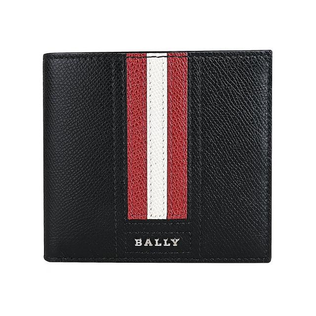 【BALLY】TRASAI銀色金屬LOGO紅白條紋荔枝紋牛皮8卡對折短夾(黑)