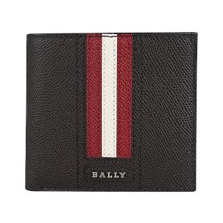 【BALLY】TRASAI銀色金屬LOGO紅白條紋荔枝紋牛皮8卡短夾(咖啡)