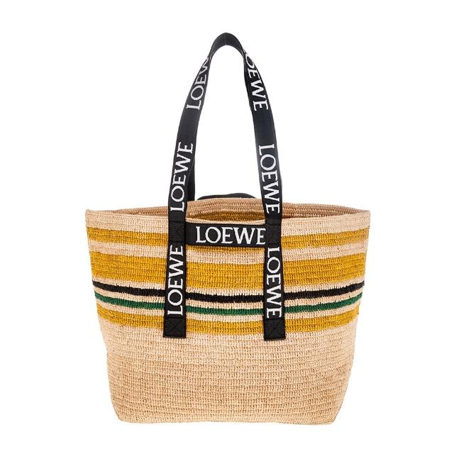 【LOEWE 羅威】新款Fold Shopper 拉菲草LOEWE 織帶手提把折疊海灘購物袋(自然色)