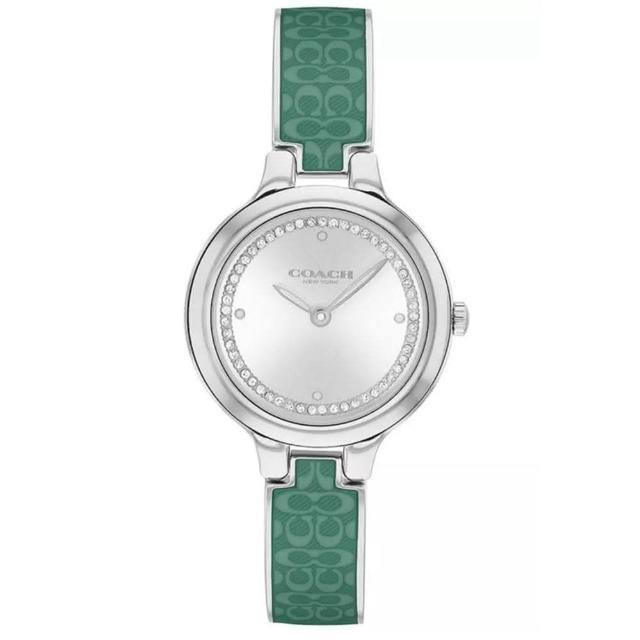 【COACH】Chelsea 時尚圓形白面綠LOGO琺瑯手鐲女錶-27mm-贈高級9入首飾盒(CO14504329)