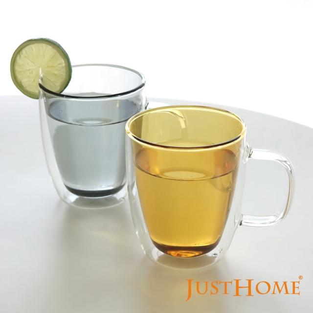 【Just Home】清透彩色雙層耐熱玻璃馬克杯380ml-2入組 琥珀+灰色(雙層玻璃杯 水杯)