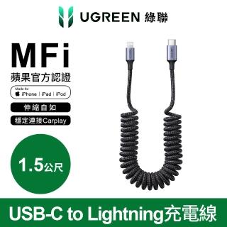 【綠聯】USB-C to Lightning充電線/傳輸線 MFi彈簧伸縮版 雅典黑1.5公尺