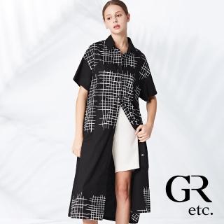【GLORY21】品牌魅力款-etc.簡約黑白格紋開襟翻領短袖洋裝(黑色)