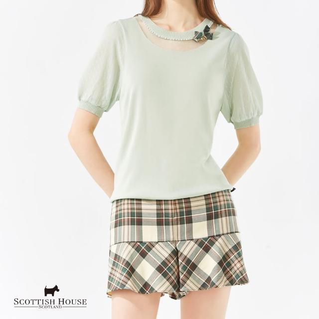 【SCOTTISH HOUSE】圓領珍珠網紗短袖針織-黑/淺綠 CHT11457