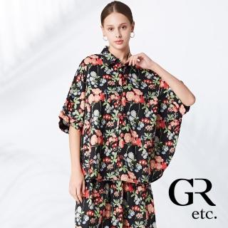 【GLORY21】品牌魅力款-etc.滿版花卉彩染連袖造型襯衫(黑)