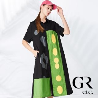 【GLORY21】品牌魅力款-etc.彩繪塗鴉印染開襟翻領短袖洋裝(黑色)