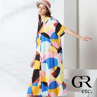 【GLORY21】品牌魅力款-etc.繽紛幾何彩繪翻領開襟短袖洋裝(彩色)