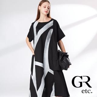 【GLORY21】品牌魅力款-etc.波紋印染側邊剪接圓領造型洋裝(黑色)