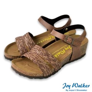 【Joy Walker】雙帶編織 楔型 露趾 軟木涼鞋 咖啡色 女 素面厚底 合成皮革 繞踝 休閒舒適 柔軟鞋墊 1470P