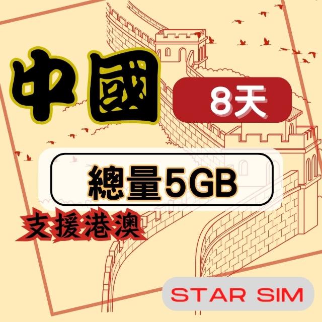 【星光卡  STAR SIM】中港澳上網卡8天5GB高速流量(旅遊上網卡 中國 網卡 香港 澳門網路)