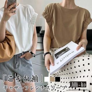 【JILLI-KO】日系夏季設計感顯瘦手臂抓皺袖T恤女-F(卡/白)